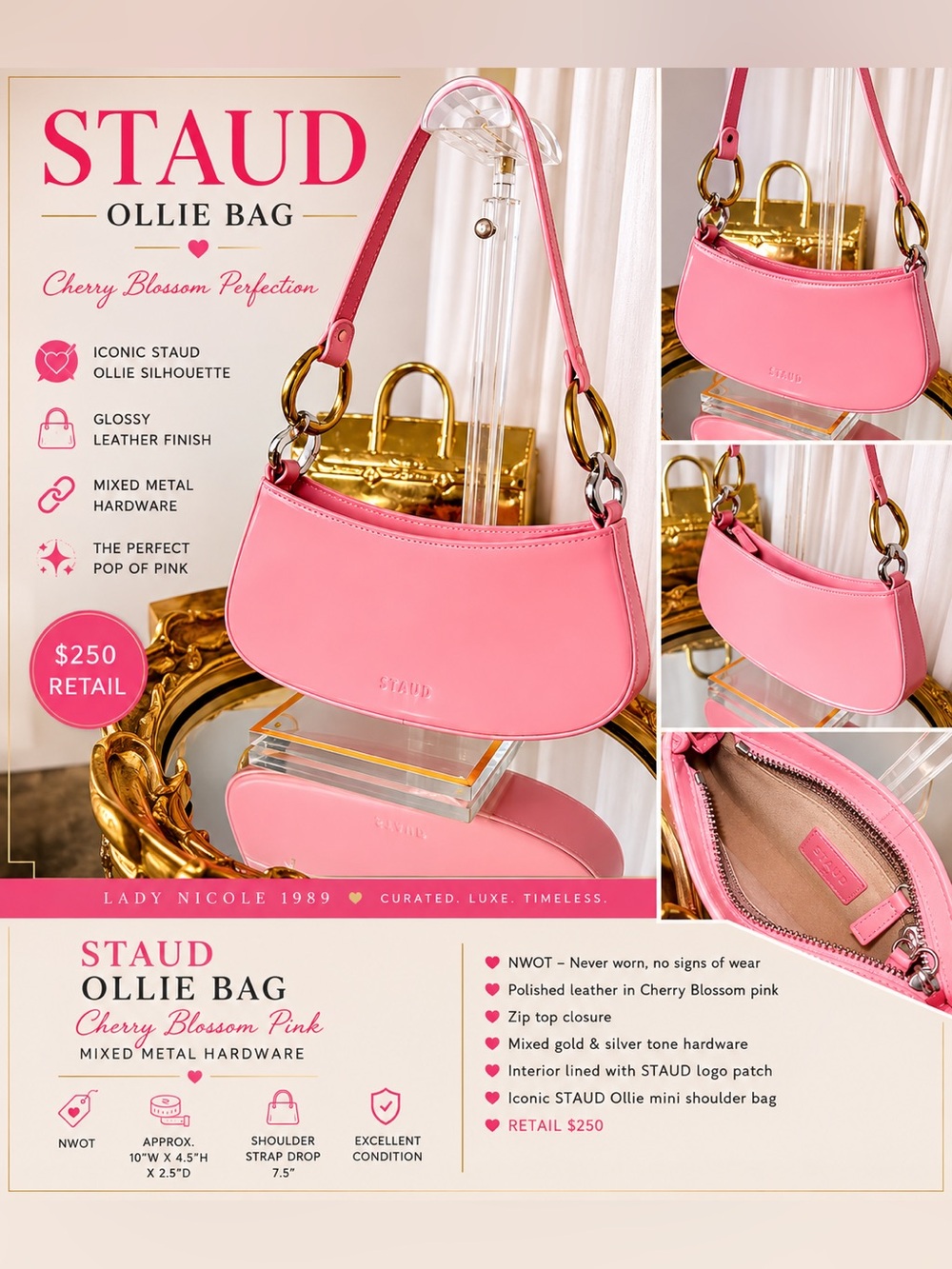 STAUD Ollie Bag Cherry Blossom Pink Leather Shoulder Bag NWOT Mixed Metal